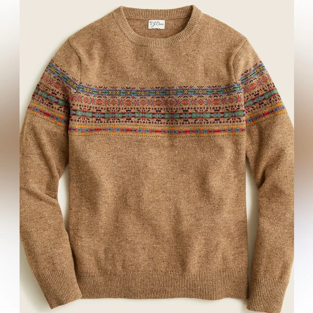 J. Crew Tan Fair Isle Crewneck Sweater with Multicolor Yoke